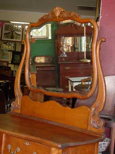Antique Solid Oak Dresser with Swing Beveled Mirror