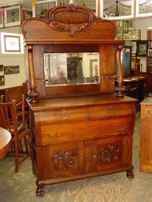 Antique Solid 1/4 Sawn Tiger Oak Hall Mirror Back Sideboard