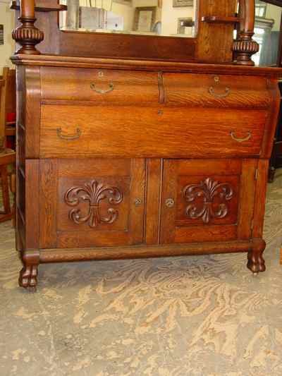 Antique Solid 1/4 Sawn Tiger Oak Hall Mirror Back Sideboard