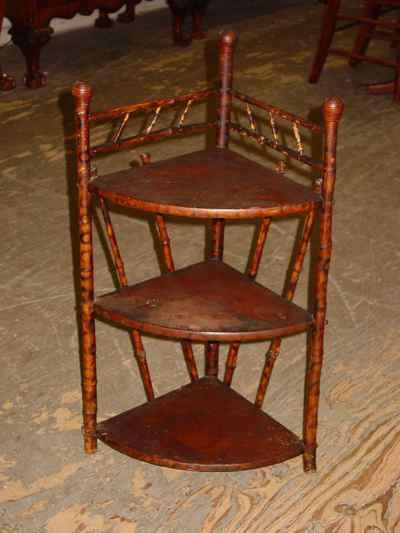 Antique Victorian Bamboo Three Tiered Corner Shelf