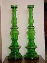 Pair of Tall Vintage Green Glass Candlesticks