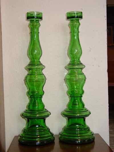 Pair of Tall Vintage Green Glass Candlesticks