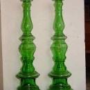 Pair of Tall Vintage Green Glass Candlesticks