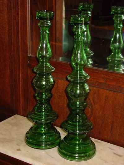 Pair of Tall Vintage Green Glass Candlesticks
