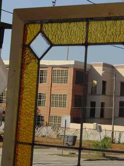 Antique Leaded Beveled Clear Glass Window with Golden Border