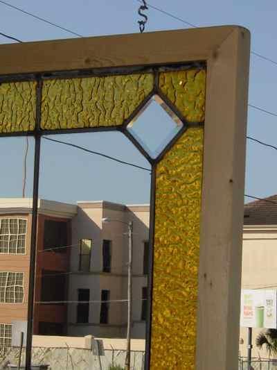Antique Leaded Beveled Clear Glass Window with Golden Border