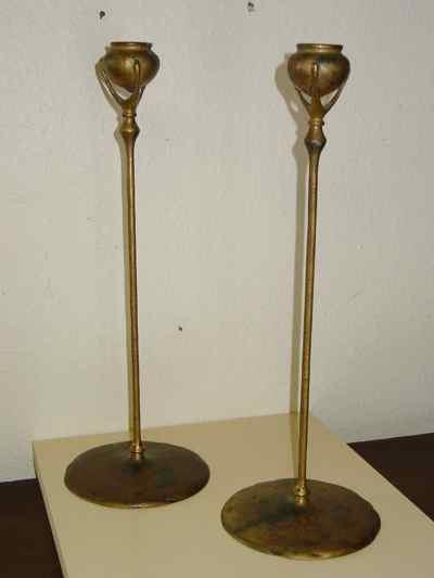 Pair of Tiffany Studios Antique Art Nouveau Candelsticks Model 1213