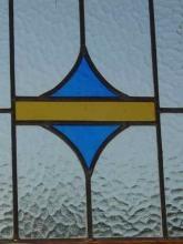 Yellow Band with Blue Stylized Triangles Antique Stained Glass