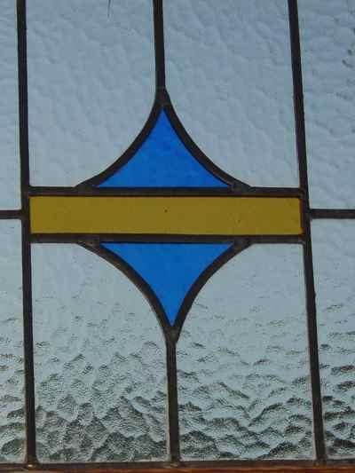 Yellow Band with Blue Stylized Triangles Antique Stained Glass