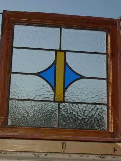 Yellow Band with Blue Stylized Triangles Antique Stained Glass