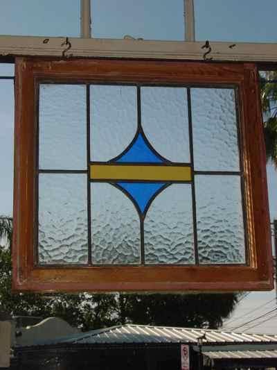 Yellow Band with Blue Stylized Triangles Antique Stained Glass