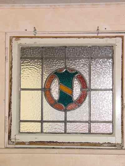 Blue & Yellow Coat of Arms Shield with Rose Wreath Antique Stained Glass