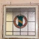 Blue & Yellow Coat of Arms Shield with Rose Wreath Antique Stained Glass