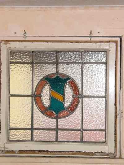Blue & Yellow Coat of Arms Shield with Rose Wreath Antique Stained Glass