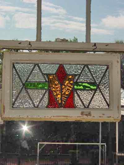 Stylized Red Bud in Amber Vase Antique Stained Glass