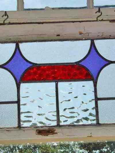 Art Deco Stylized Purple Diamonds with Red Band Antique Stained Glass