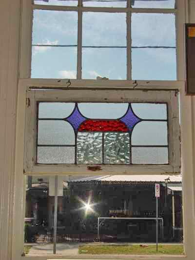 Art Deco Stylized Purple Diamonds with Red Band Antique Stained Glass