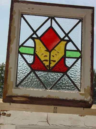 Stylized Red Bud in Amber Vase Antique Stained Glass