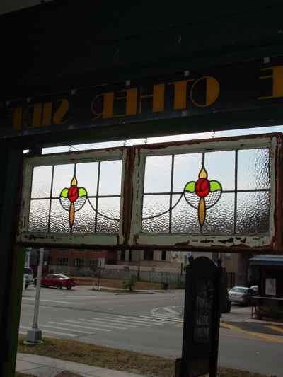 Red Mackintosh Glasgow Rose Heart Swag 2 Panel Antique Glass