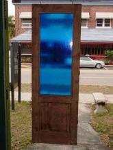 German Antique Pine Door with Blue Glass Panel