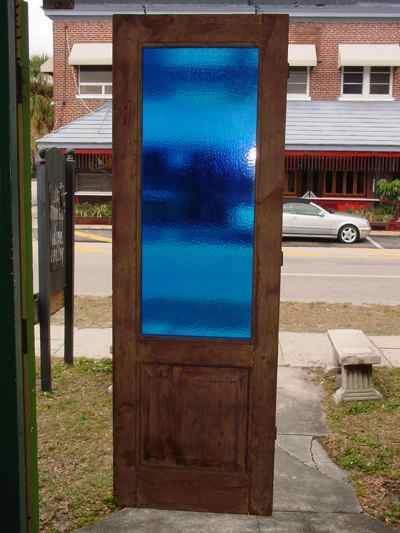 German Antique Pine Door with Blue Glass Panel