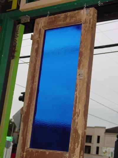 German Antique Pine Door with Blue Glass Panel