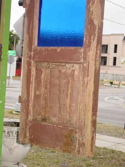German Antique Pine Door with Blue Glass Panel