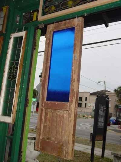 German Antique Pine Door with Blue Glass Panel