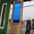 German Antique Pine Door with Blue Glass Panel