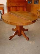 Antique Solid Oak Pedestal Table with Leaf