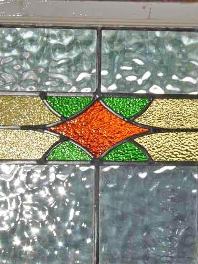 Stylized Orange Diamond with Green Triangles Antique Stained Glass