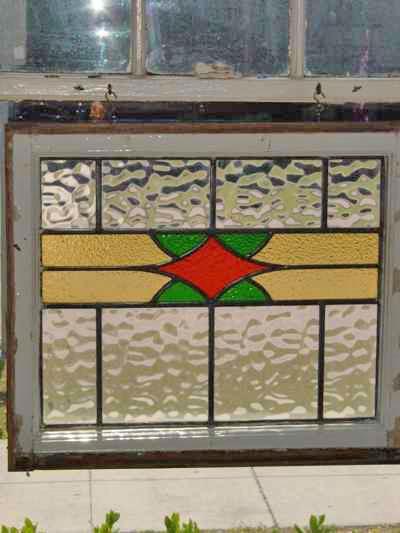 Stylized Orange Diamond with Green Triangles Antique Stained Glass