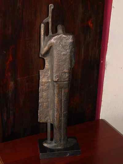The Bass Player Vintage Bronzed Iron Sculpture on Marble Base