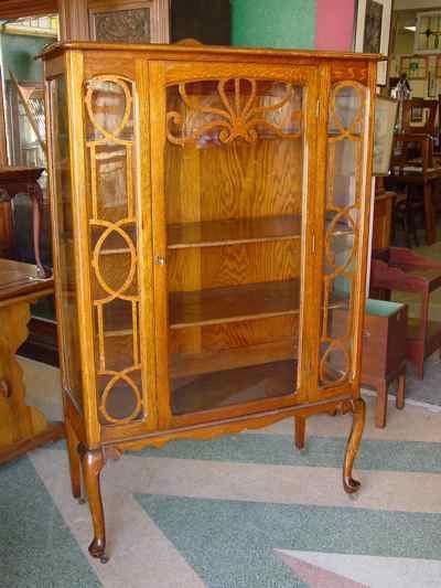Antique Solid Oak China Cabinet with Cabriole Legs