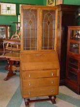 English Vintage Oak Bureau Bookcase with Stained Glass