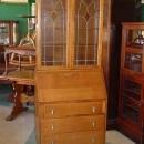 English Vintage Oak Bureau Bookcase with Stained Glass