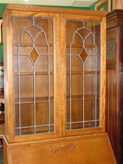 English Vintage Oak Bureau Bookcase with Stained Glass