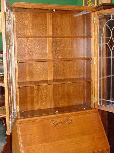 English Vintage Oak Bureau Bookcase with Stained Glass