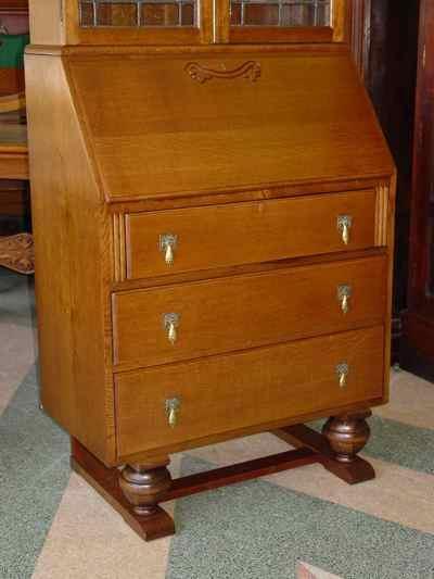 English Vintage Oak Bureau Bookcase with Stained Glass