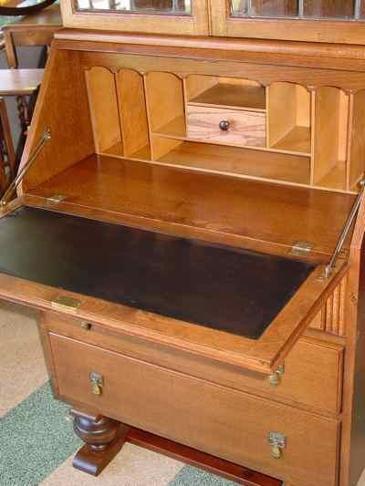 English Vintage Oak Bureau Bookcase with Stained Glass