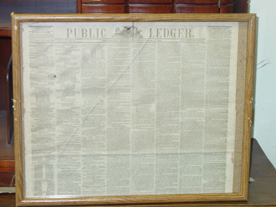 Framed Philadelphia Public Ledger, November 27, 1865, Featuring a Letter from President Andrew Johnson