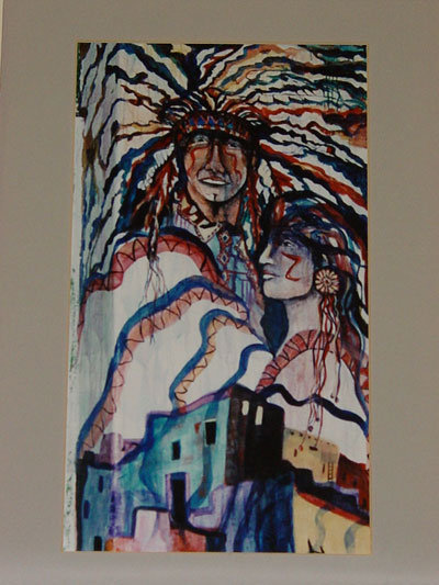 Stylized Native American Indian Sky Couple and Pueblo