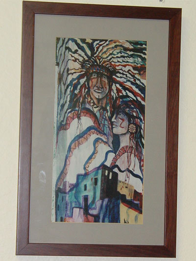 Stylized Native American Indian Sky Couple and Pueblo