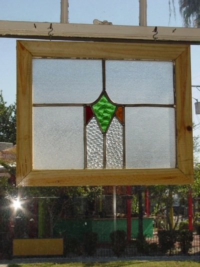 Stylized Diamond with Red & Gold Stylized Triangle Antique Stained Glass Window