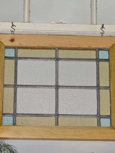 Powder Blue & Pale Yellow Rectangles & Squares Antique Stained Glass Window