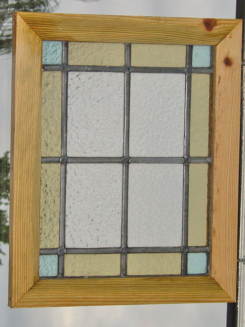 Powder Blue & Pale Yellow Rectangles & Squares Antique Stained Glass Window
