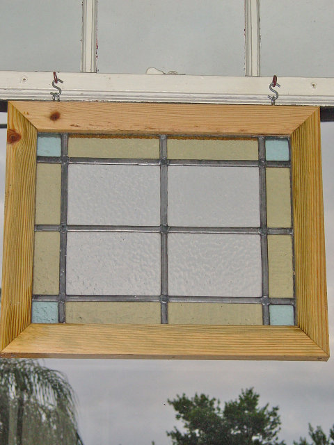 Powder Blue & Pale Yellow Rectangles & Squares Antique Stained Glass Window