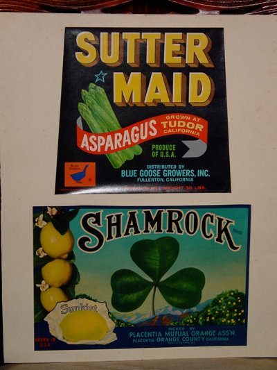 American Vintage Sutter Maid Asparagus and Shamrock Lemons Framed Produce Labels