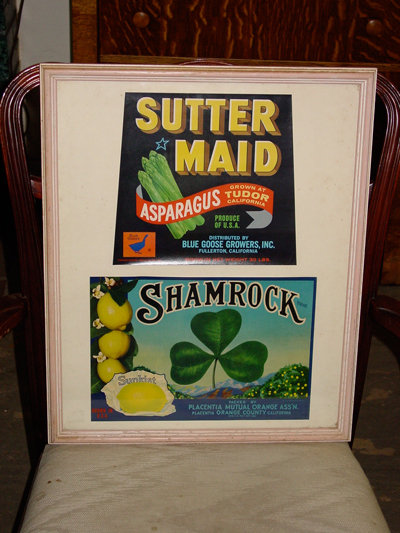 American Vintage Sutter Maid Asparagus and Shamrock Lemons Framed Produce Labels