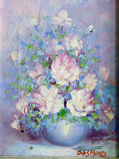 Blue Vase with Pink Peonies and Blue Delphinium Signed Desmond Original Oil on Canvas